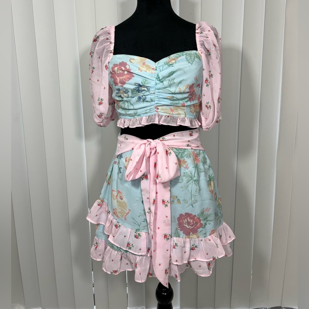 DOLLS KILL x HOLLY HOBBIE Pat A Cake Floral Print Chiffon Skirt Set Pink Size S